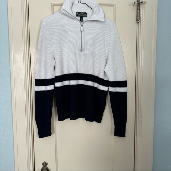 Lauren Active Ralph Lauren Top Athleisure Ribbed Knit Nautical Navy White Size L - Picture 2 of 10